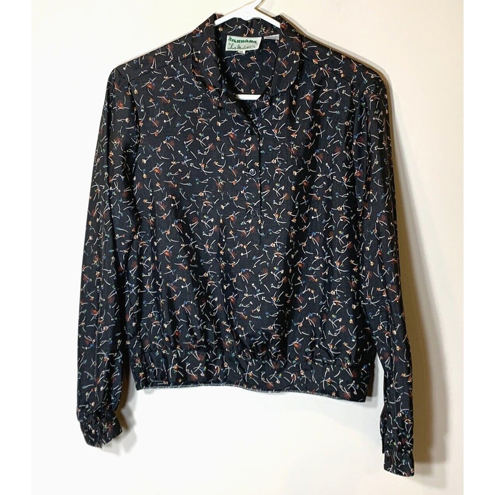 Lady Manhattan Blouse Womens 10 Black Vintage 70s Silkhana Floral Pullover